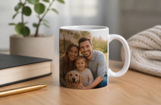 Ahşap stantta duran fotoğraflı kupa