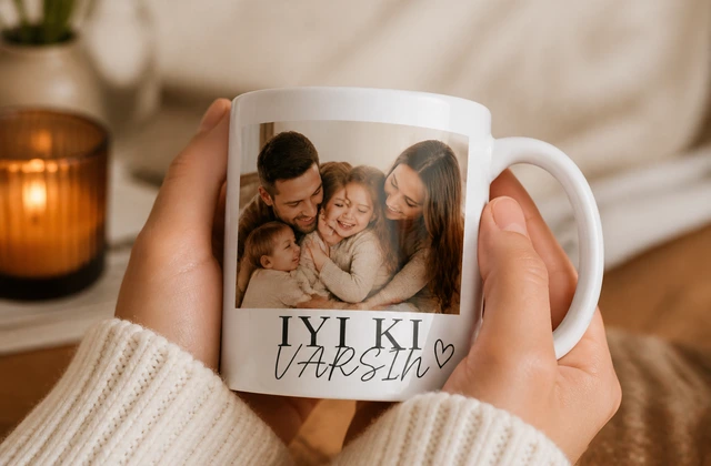 Elde tutulan İyi ki varsın yazılı fotoğraflı kupa