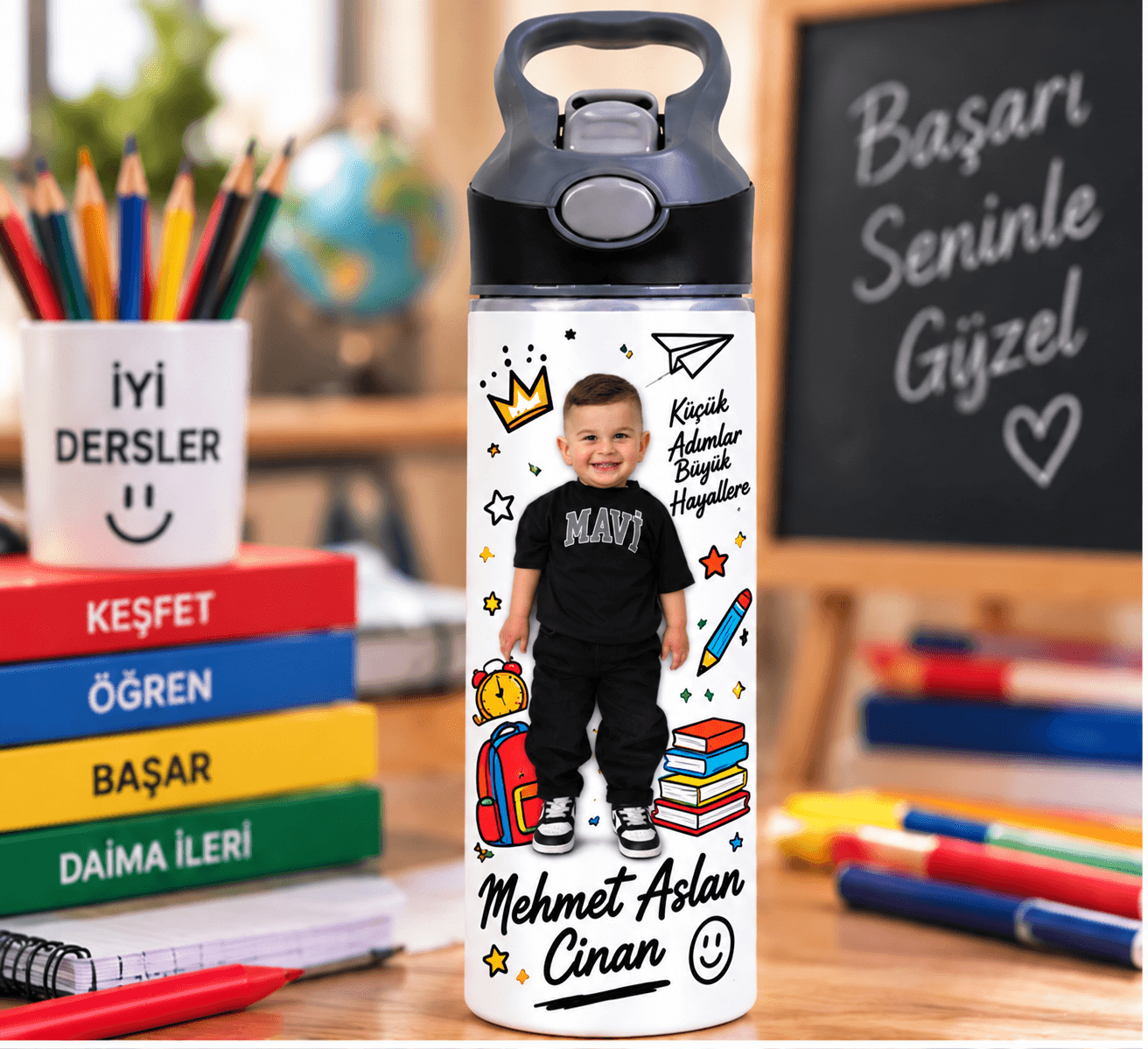 Kişiye Özel Fotoğraflı Pipetli Matara 650 ML – İsimli Çocuk Matarası
